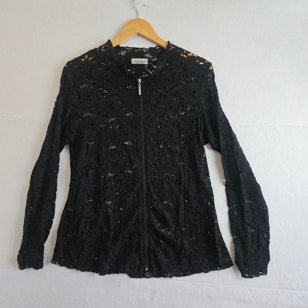 Vine Street Black Floral Lace Zip Up Cardigan Mock Neck Long Sleeve Top Large